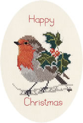 Borduurpakket Christmas Card - Holly And Robin  - Derwentwater Designs