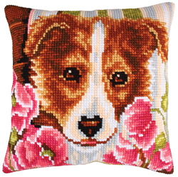 Kussen borduurpakket Dog and Pink Poppies - Collection d'Art