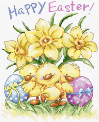 Cross stitch kit Three Chicks with Daffodils and Egg - Leti Stitch